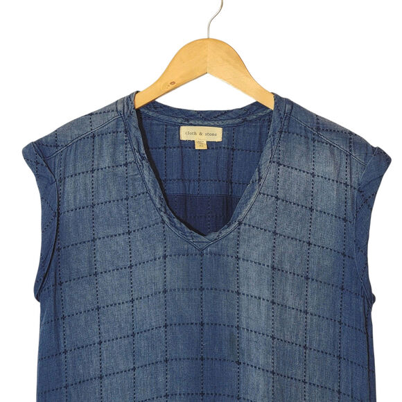 Cloth & Stone Quilted Chambray Blue Midi Dress Boho Chic Raw Hem Relaxed Fit XS - Picture 4 of 16